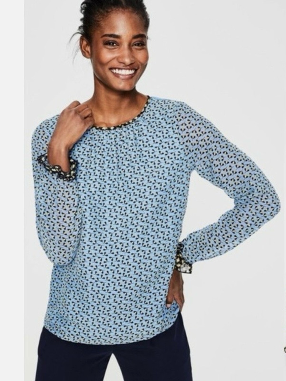 Boden Light Blue Printed Long-Sleeve Top with Sheer Overlay